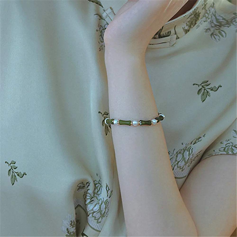Bambus Segen Armband aus grüner Jade und Perlen